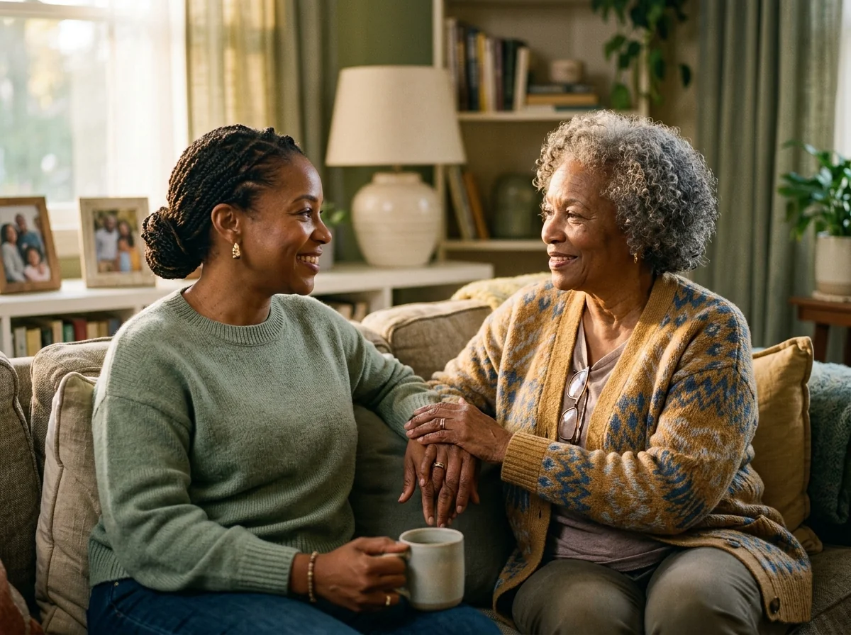 An adult daughter having a gentle conversation with her senior mother