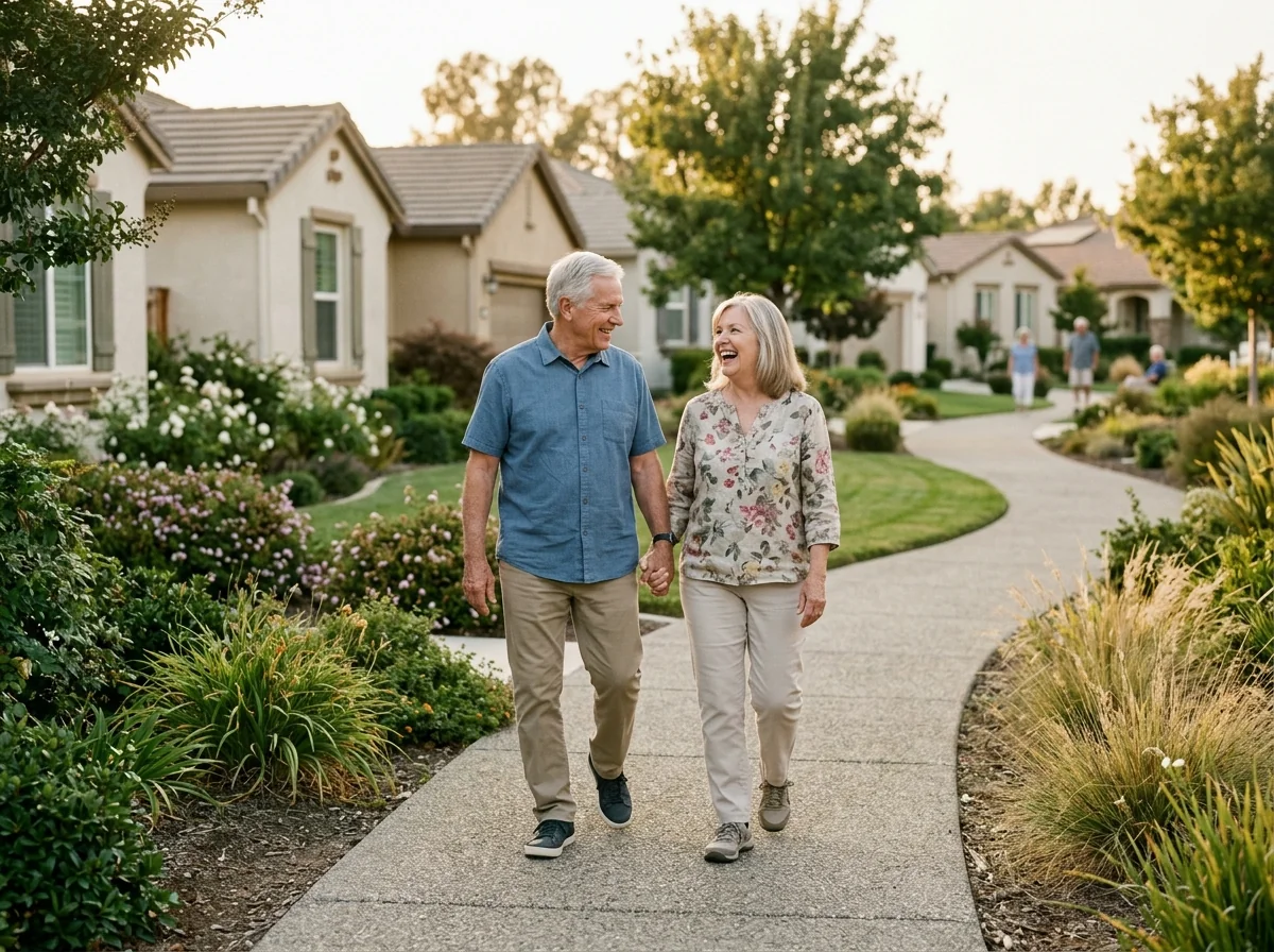 A senior couple walking together in an age-restricted 55-plus community