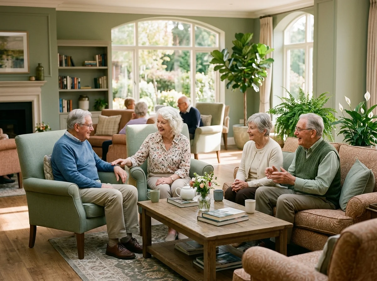 A bright common area in a secured senior living community