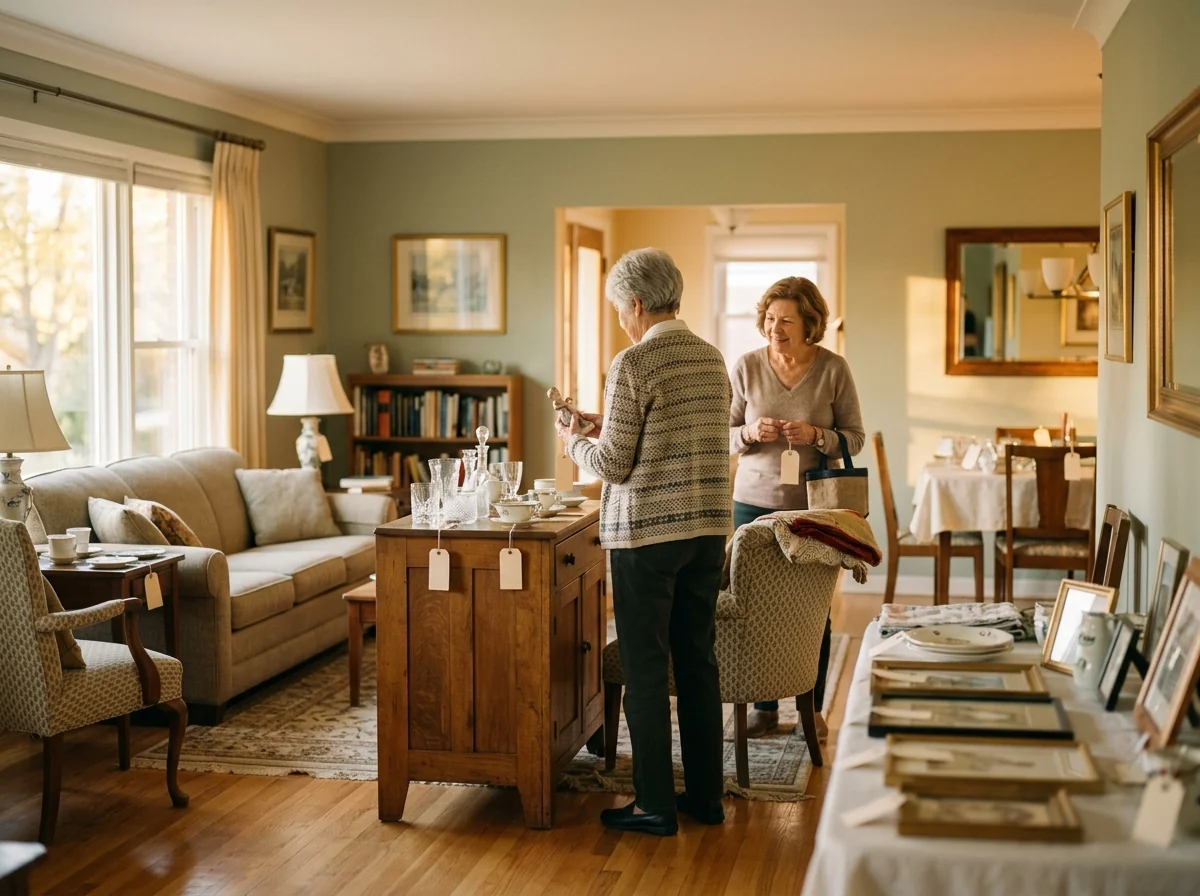 Shoppers browsing neatly priced items during a household estate sale