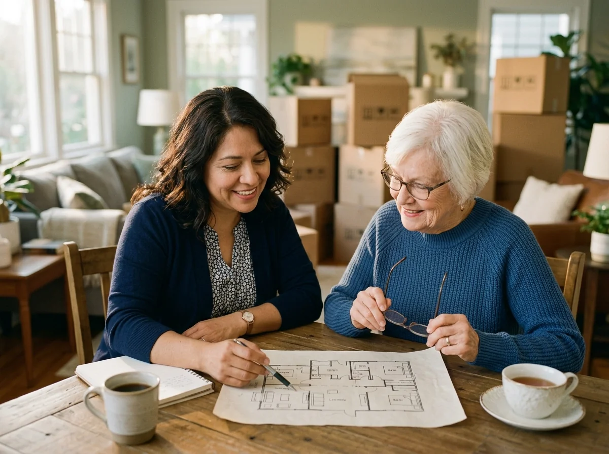 A Senior Move Manager reviewing a floor plan with her client before a move