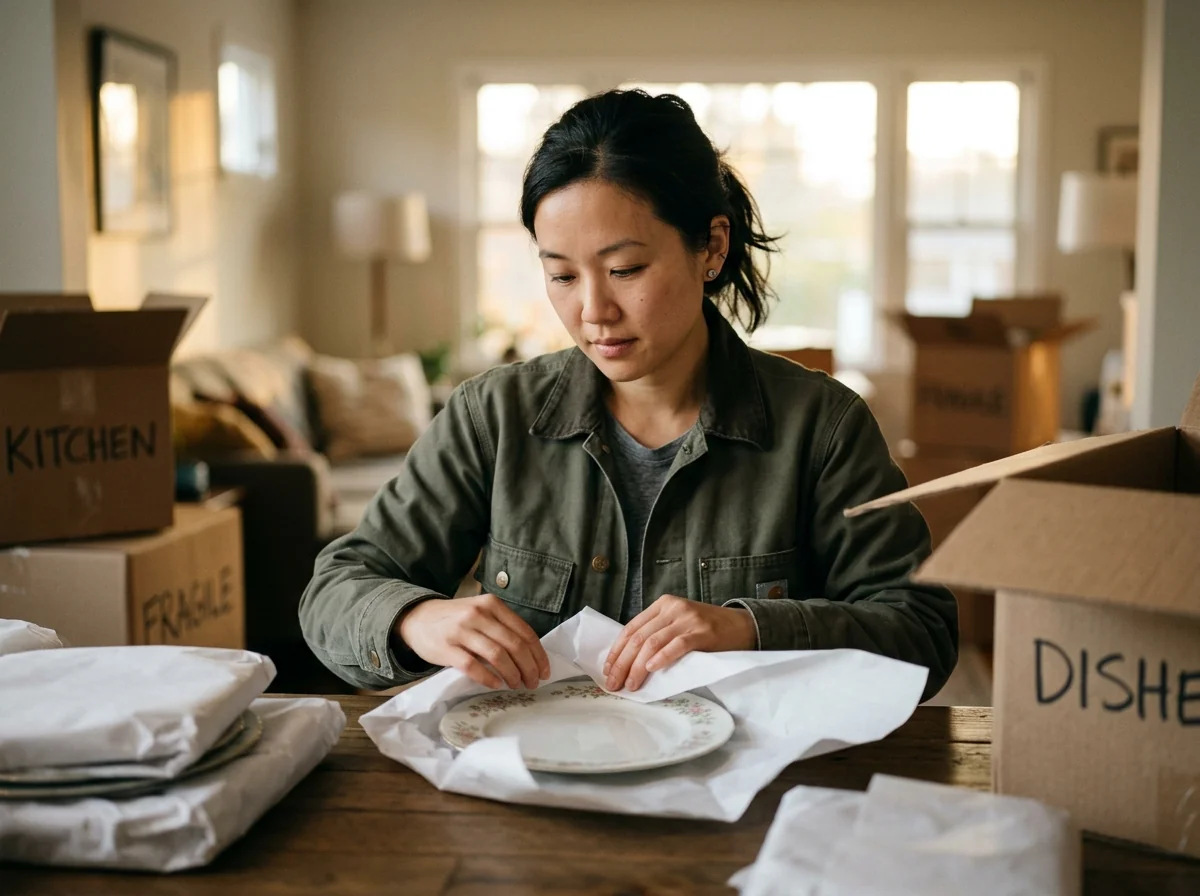 A professional packer carefully wrapping a china plate in packing paper