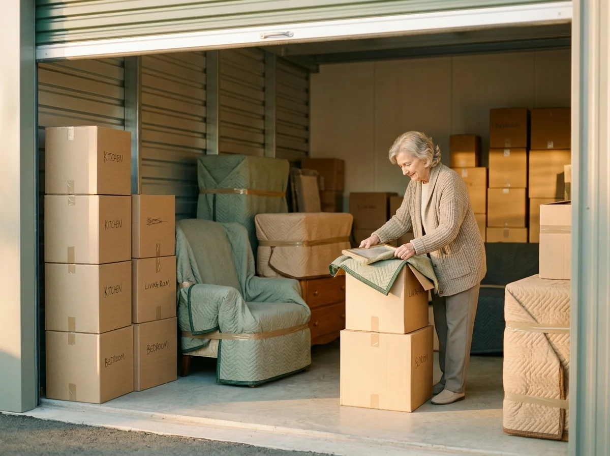 A neatly organized self-storage unit with labeled boxes and covered furniture