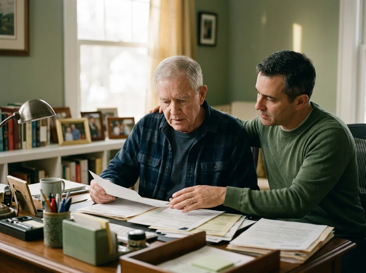 A senior veteran reviewing paperwork at home with his adult son